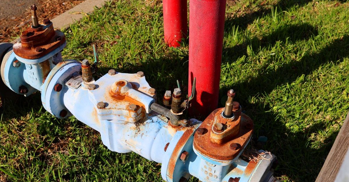 A rusty blue water valve system with bolts and pipes, sits on green grass next to two vertical red pipes in bright sunlight.